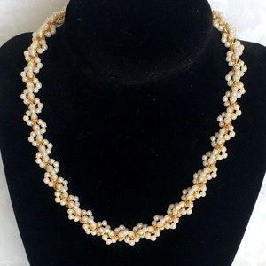 Vintage Faux Pearl Woven Necklace Gold Tone Thin Chain